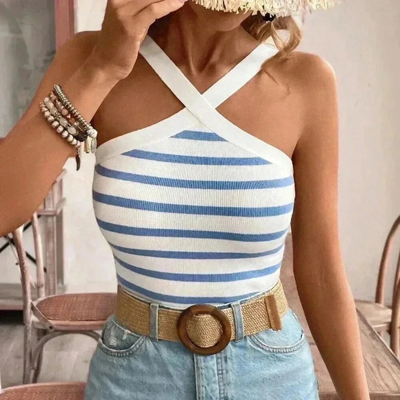 Tops - Blue Casual Women's Striped Print Halter Top Knitwear